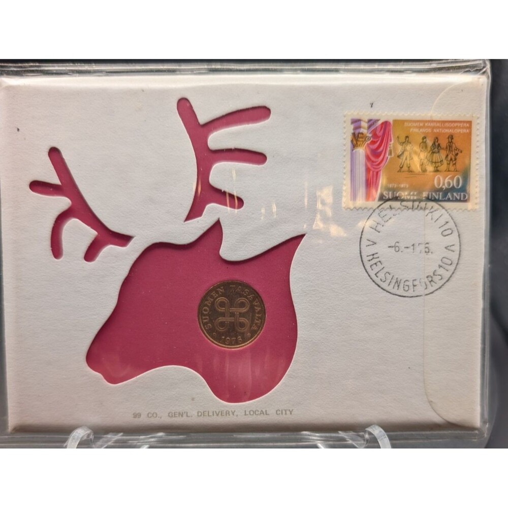 1976 Finland PNC – 5‑Penniä Coin & Reindeer Stamp – 25 OCT 1976